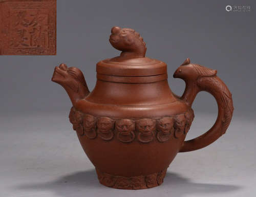 A ZISHA TEA POT CARVED WITH BEAST