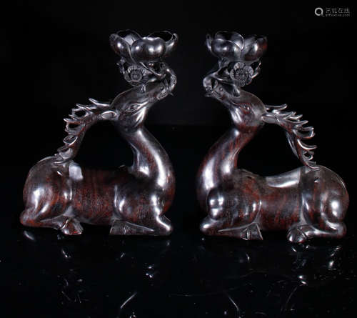 PAIR OF ZITAN WOOD CANDLE HOLDER SHAPED WITH DEER