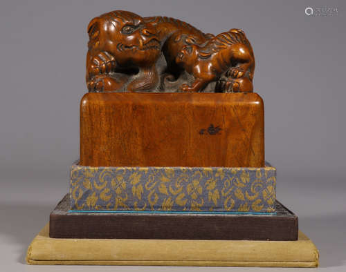 A ZITAN WOOD SEAL CARVED WITH AUSPICIOUS BEASTS