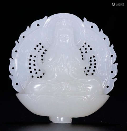 A HETIAN JADE TABLET CARVED WITH GUANYIN BUDDHA