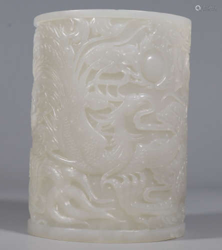 A HETIAN JADE BRUSH POT CARVED WITH PHOENIX AND DRAGON