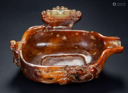 A HETIAN JADE CUP CARVED WITH BEAST