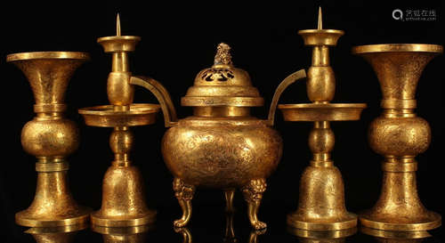 A GILT BRONZE VASE&CENSER&CANDLE HOLDER