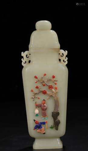 A HETIAN JADE VASE CARVED WITH AUSPICIOUS PATTERN EMBEDDED WITH GEMS