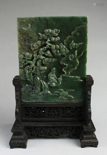 Antique Chinese Spinach Jade Table Screen with Wooden