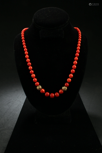 Chinese Red Coral Bead Necklace, 73 beads