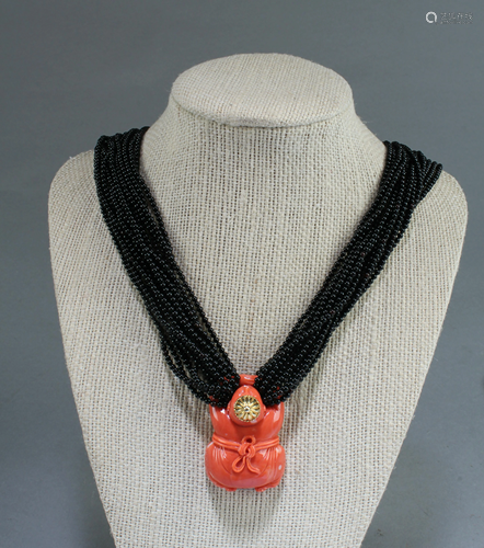 Multi-thread Black Color Stone Necklace with Coral