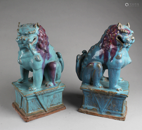 A Pair of Junyao Porcelain Foo Dog Displays