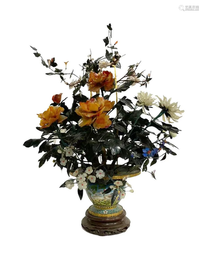 A Cloisonne Flower Pot with flowers made of various