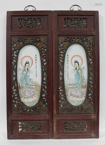 A Pair of Chinese Hardwood Framed Porcelain Guanyin