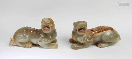 A Pair of Carved Jade Qilin Figurines