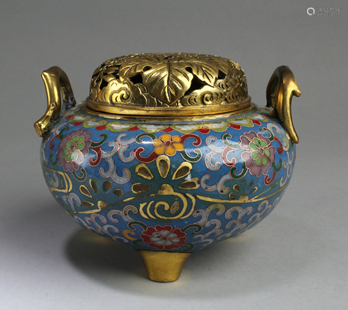 Chinese Cloisonne Tripod Hand Warmer With Handles