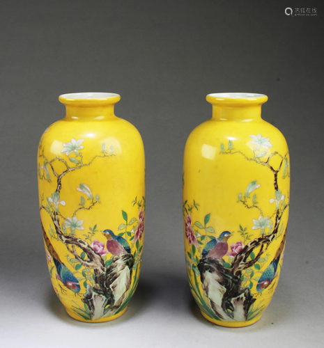 A Pair of Famille Jaune Porcelain Vases