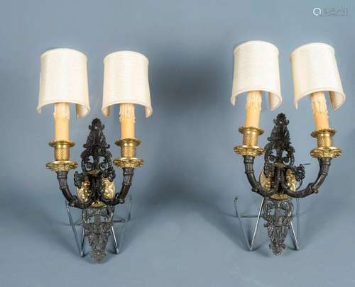 PAIR OF SCONCES \nIn ormolu and patinated bronze wi…