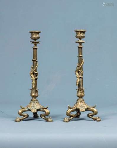 PAIR OF TORCHES \nin gilt bronze, tripod base in th…