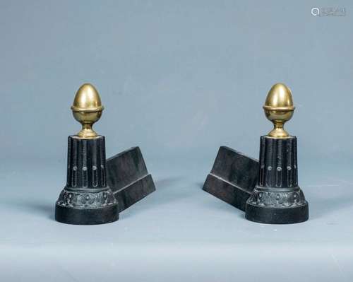 PAIR OF ANDIRONS \nBrass with fire pot decoration. …