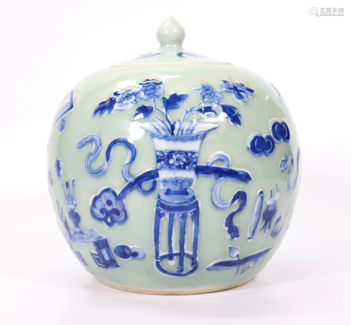 Chinese 19 C Blue White Celadon Porcelain Jar