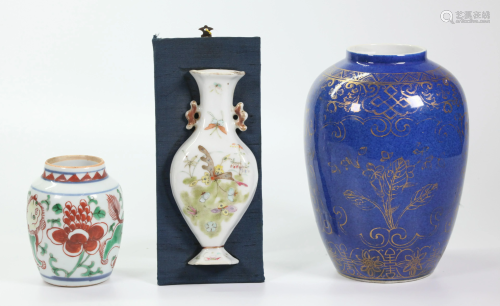 3 Chinese Porcelains; Wall Vase Wucai Blue & Gold