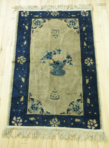 Chinese Ningxia Wool Carpet in Blue & Cream