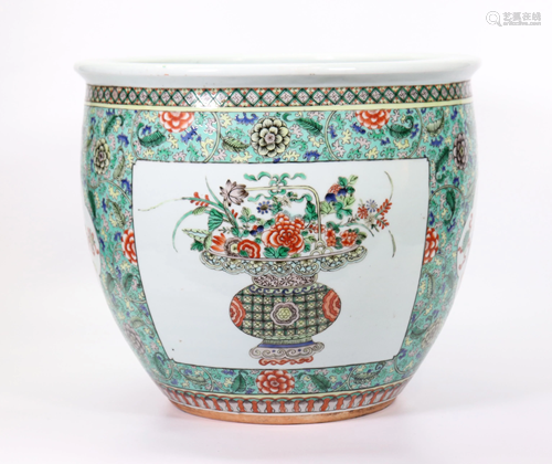 Chinese 19 C Verte Porcelain Fish Bowl or Planter