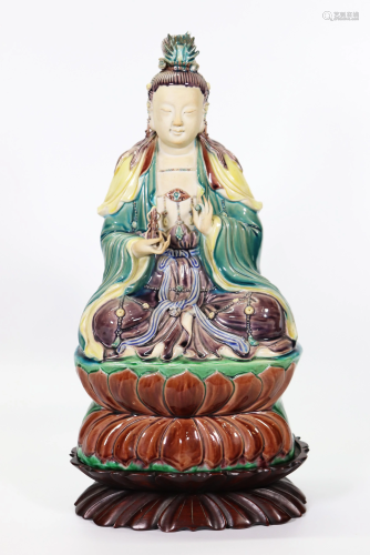 Chinese Enamel on Biscuit Porcelain Seated Guanyin