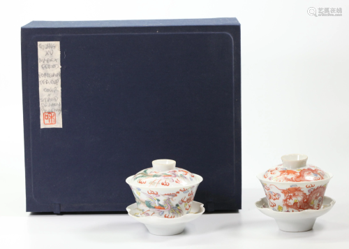 Pr Chinese Qing Porcelain Teacups Covers Stands