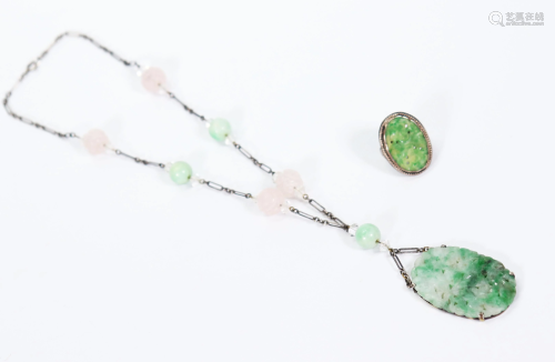Chinese Qing Apple Green Jadeite Necklace & Ring
