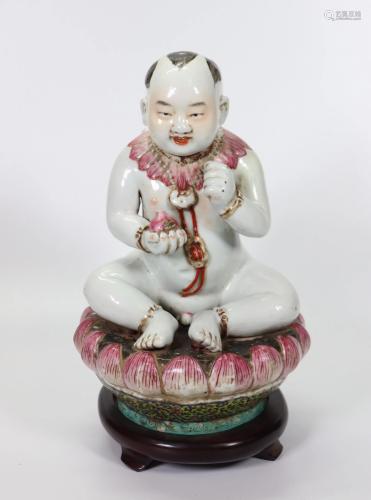 Chinese Enameled Porcelain Baby Buddha on Lotus