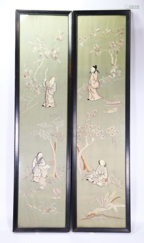 Pair Chinese Silk Embroidered Scholar Panels