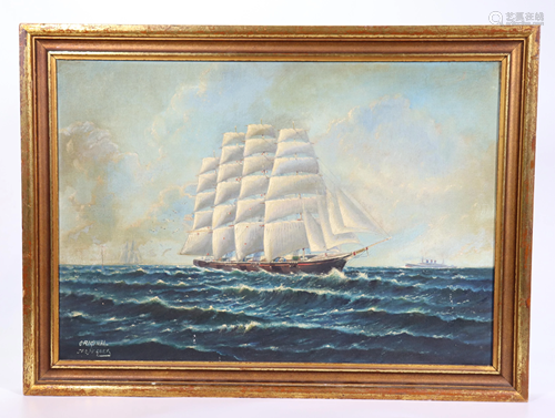 Fraser; 4 Masted Clipper Ship, Distant Steam Ship