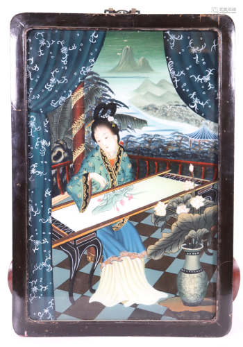 Chinese Reverse Glass Painting; Lady Embroidering