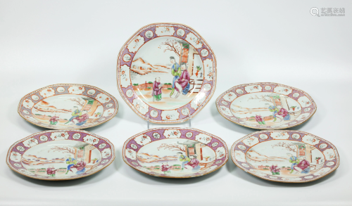 6 Chinese 18 C Mandarin Figure Porcelain Plates