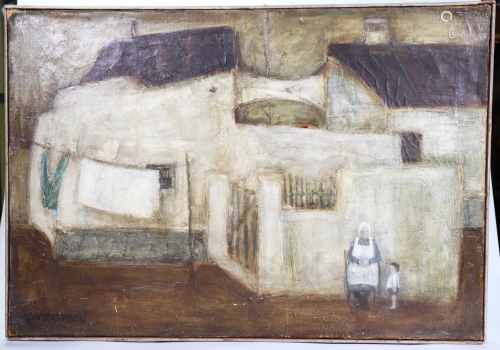 Doremus; Oil Grandmother & Child Farmhouse Yard