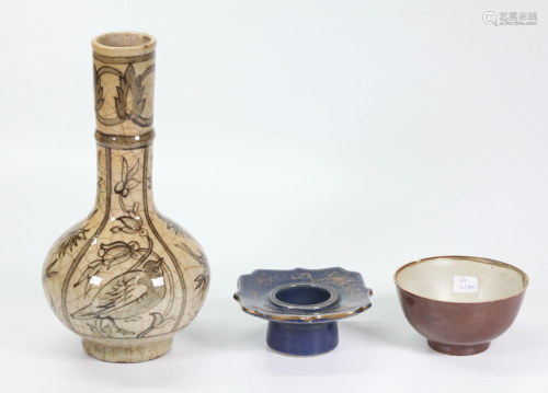 Persian Bottle Vase, Blue Cup Stand, Brown Bowl