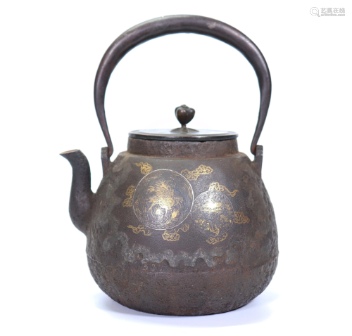 Japanese Gold & Silver on Iron Tetsubin Teapot