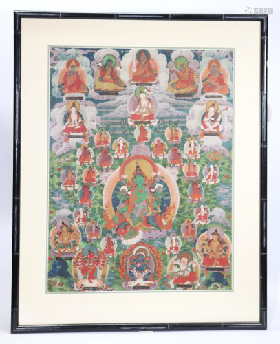 Tibetan 19 C Thangka of Green Tara with Figures