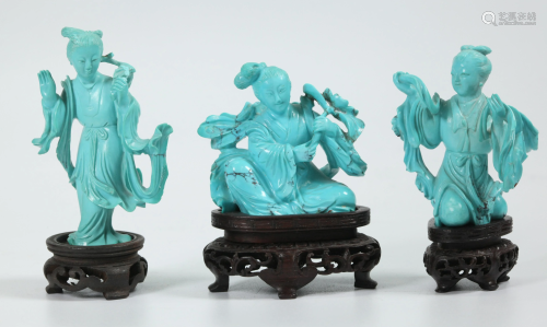 3 Chinese Well Carved Turquoise Dancing Girls