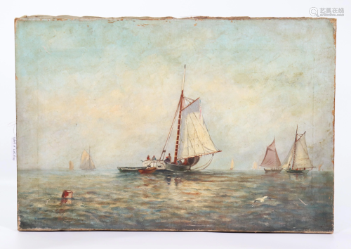 American School Oil Canvas Sailboats Out to Sea