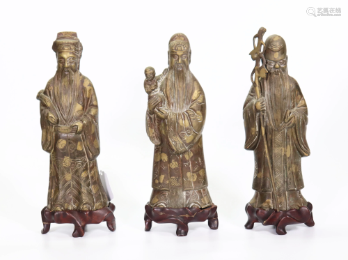 Chinese Bronze Fuxing Luxing Shouxing; Wood Stands