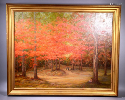 Red Autumn Leaves; Oil on Canvas, Framed