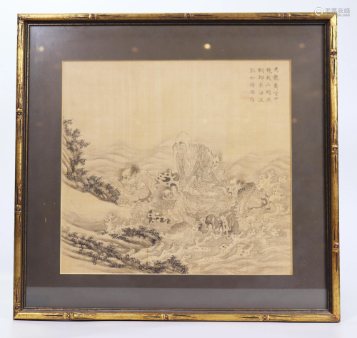 Chinese 18 C Ink Painting Silk Lohan Long Eyebrows
