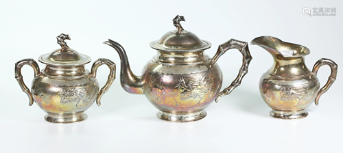 Chinese Silver 3 Piece Dragon Teapot Set;1,282G