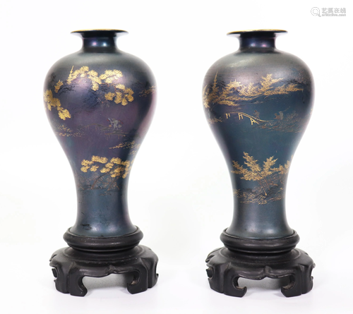 Pair Chinese Fujian Blue Lacquer Meiping Vases