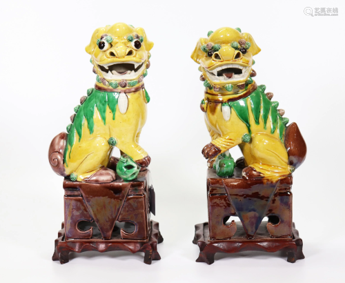 Pair Chinese Enamel on Biscuit Porcelain Fu Dogs
