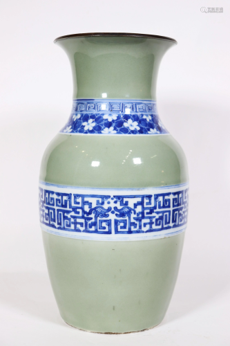 Chinese 19 C Blue White Celadon Porcelain Vase