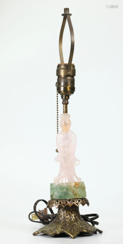 Chinese Carved Rose Quartz Lady on Fluorite Stand