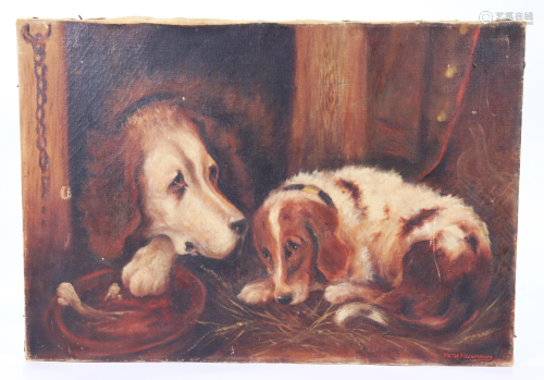 American Painting 1910 Dog & Puppy Oil Canvas