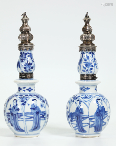 Chinese Kangxi Blue White Porcelain & Silver Vases