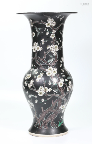 Chinese 19 C Famille Noire Porcelain Hawthorn Vase