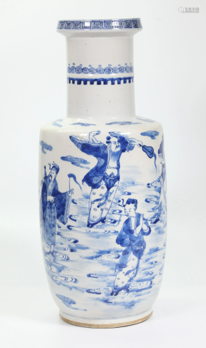 Chinese 19 C Blue & White Baxian Porcelain Vase